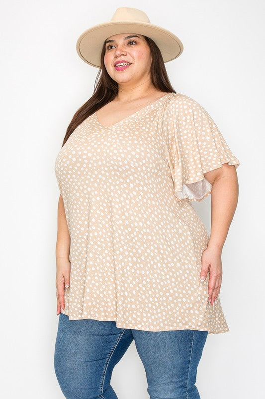 Plus Size V Neck Wide Sleeve Tunic Top Dusty Mustard Polka Dot