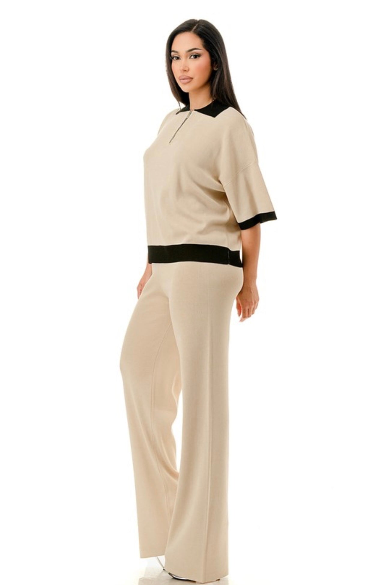 Collared baggy loungewear set almond and black