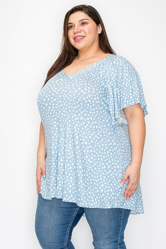 Plus Size V Neck Tunic Top Sky Blue Polka Dots