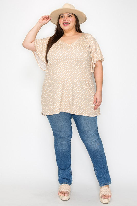 Plus Size V Neck Wide Sleeve Tunic Top Dusty Mustard Polka Dot