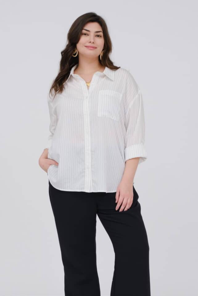 Plus size striped collared, long sleeve button down shirt
