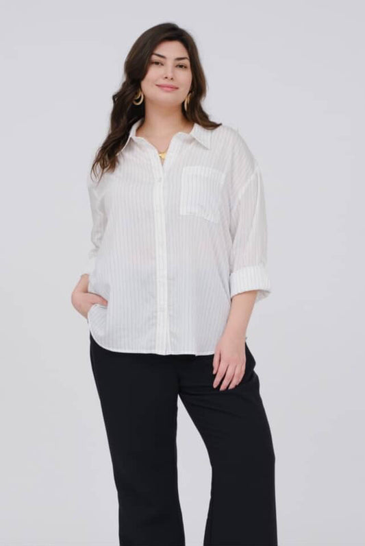 Plus size striped collared, long sleeve button down shirt