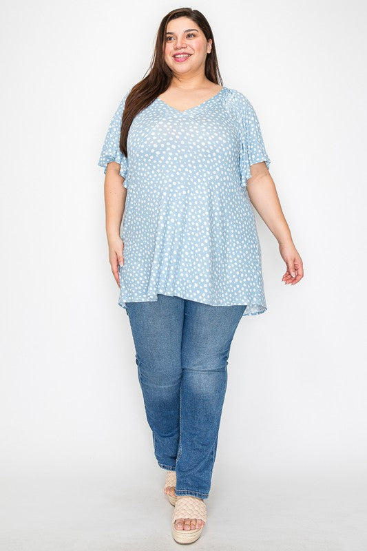 Plus Size V Neck Tunic Top Sky Blue Polka Dots