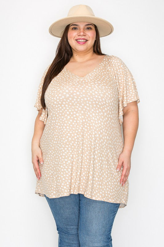 Plus Size V Neck Wide Sleeve Tunic Top Dusty Mustard Polka Dot