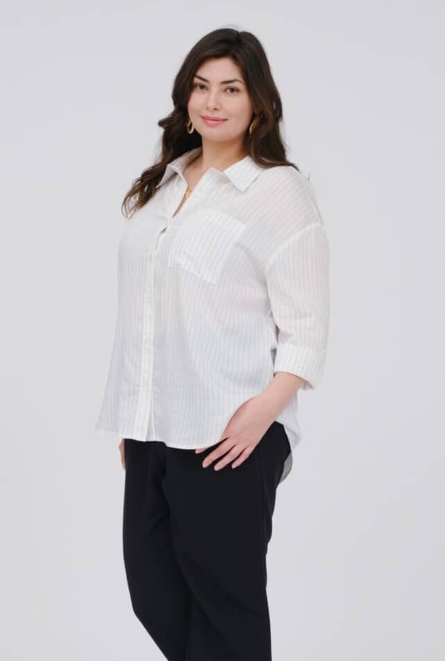 Plus size striped collared, long sleeve button down shirt
