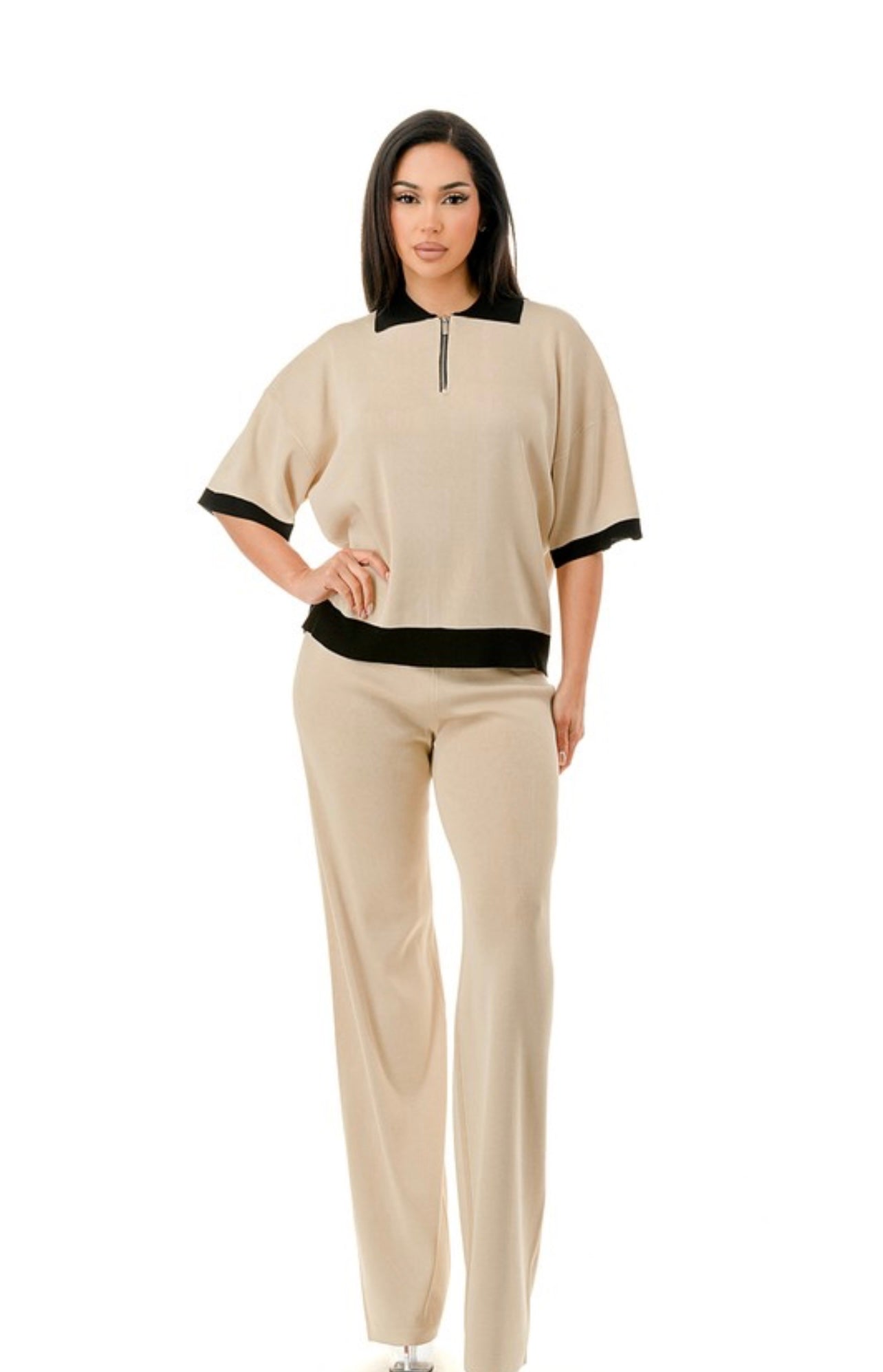 Collared baggy loungewear set almond and black