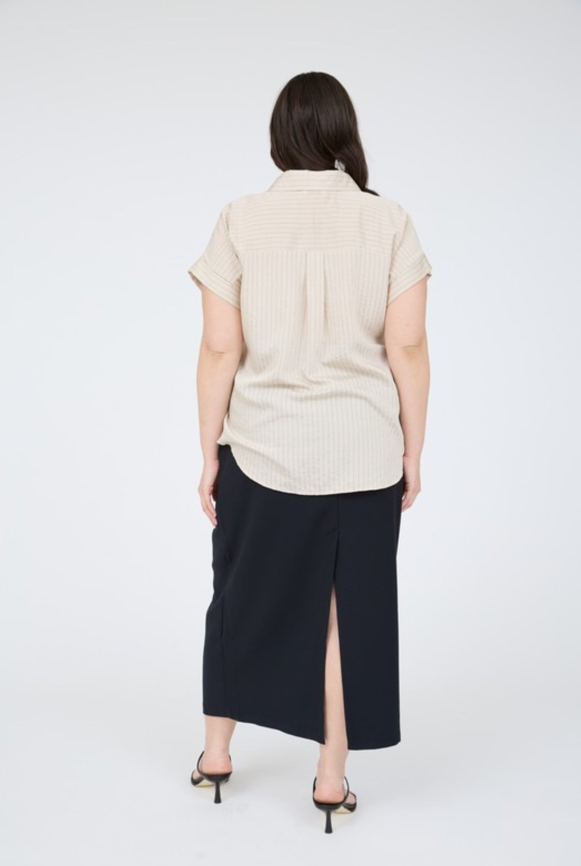 Plus size pinstripe, short sleeve, collared shirt, khaki￼
