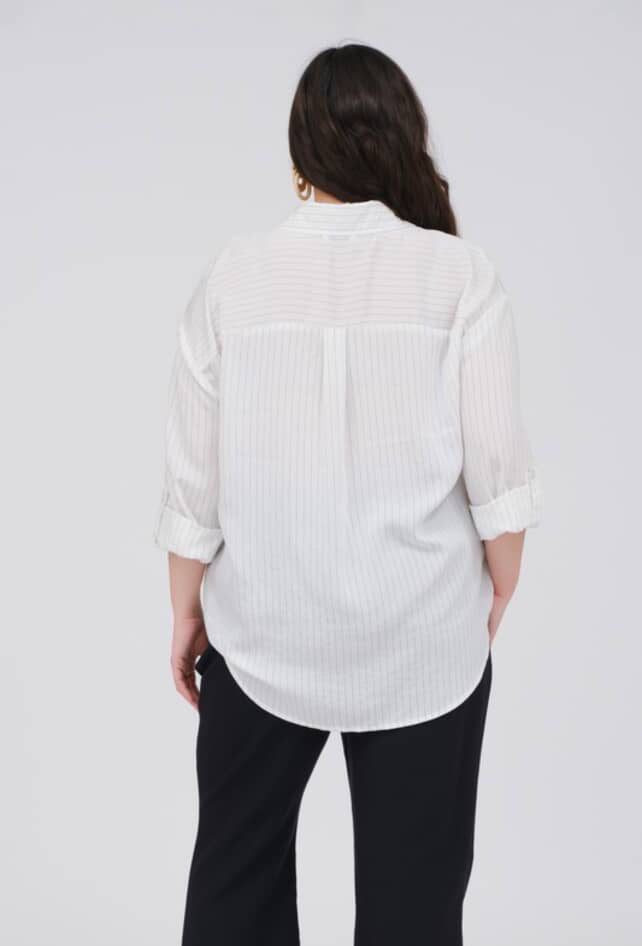 Plus size striped collared, long sleeve button down shirt