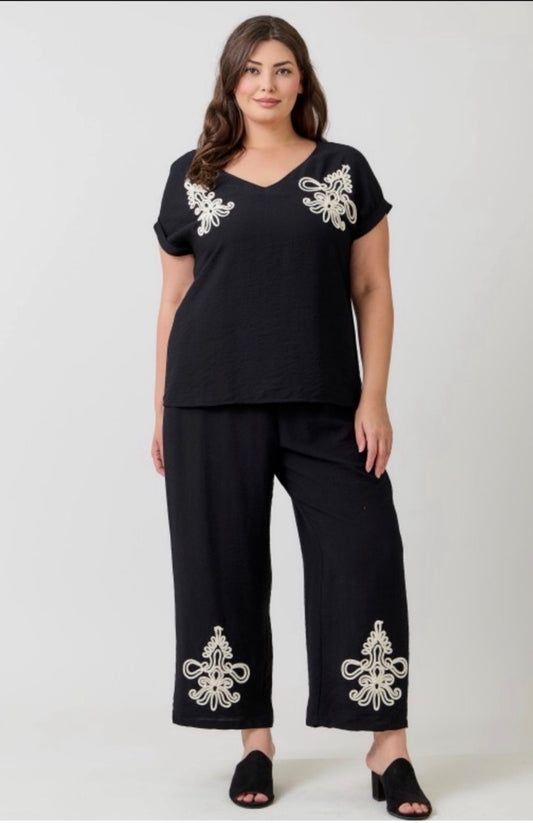 Black two piece set with embroidered accent