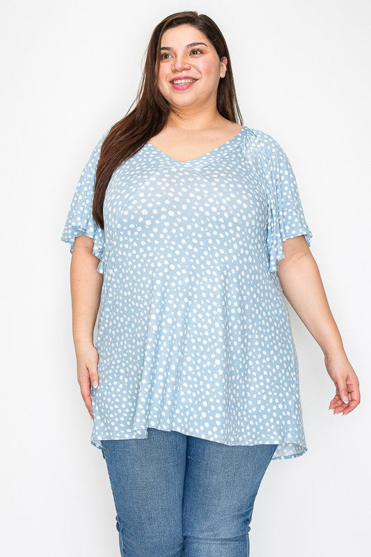 Plus Size V Neck Tunic Top Sky Blue Polka Dots