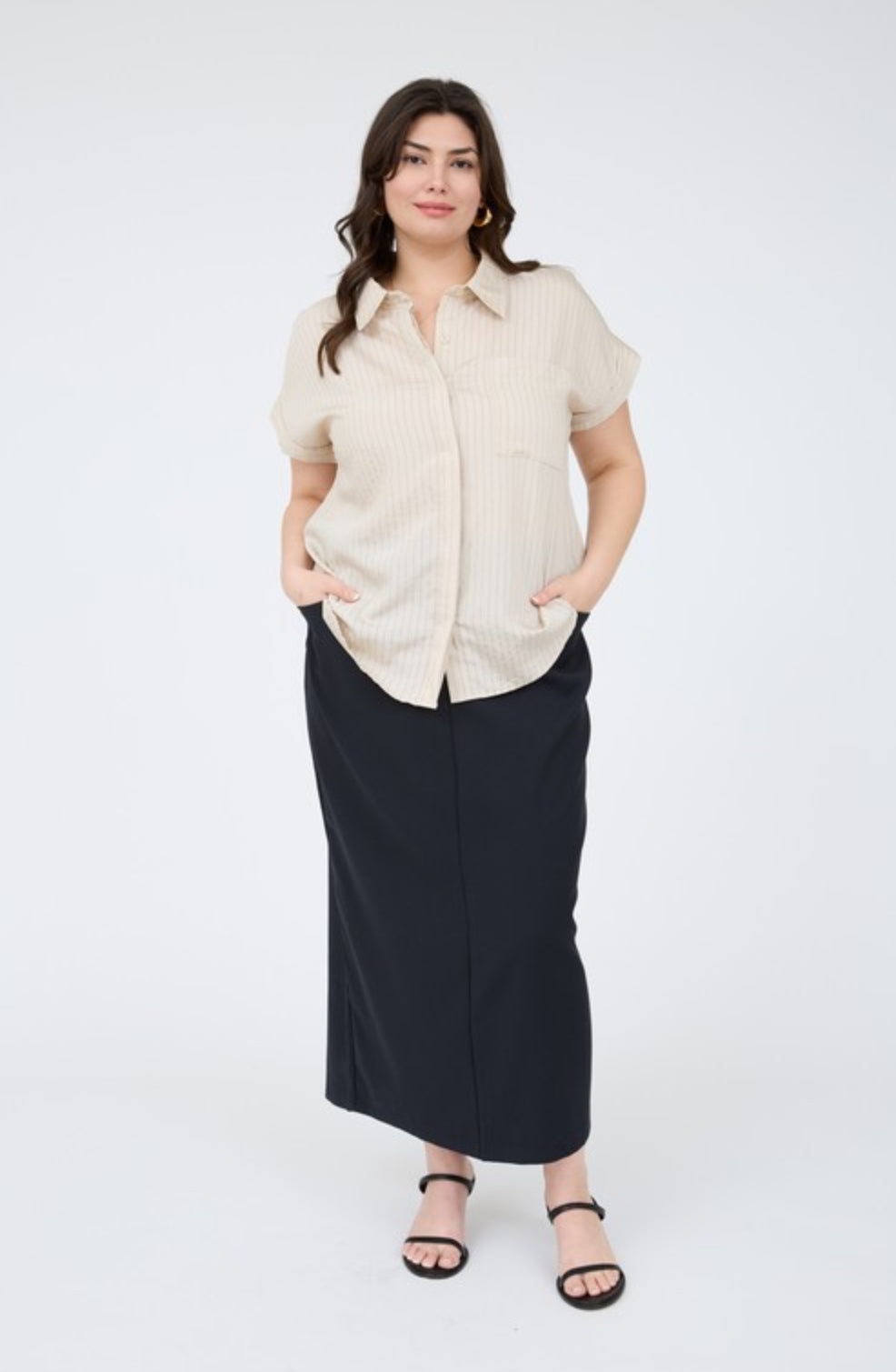 Plus size pinstripe, short sleeve, collared shirt, khaki￼